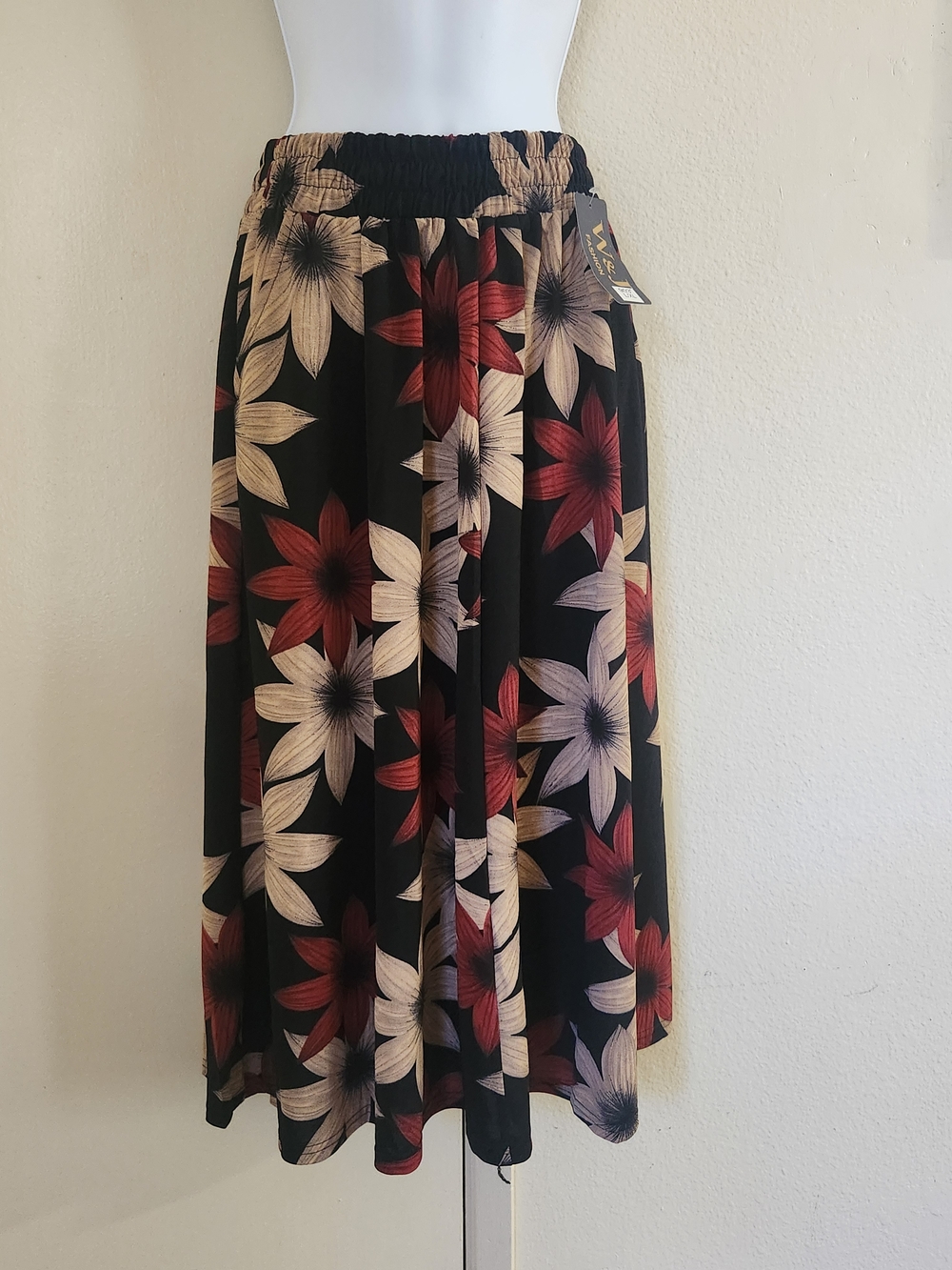 Black Floral Midi Skirt with Red & Cream Blooms